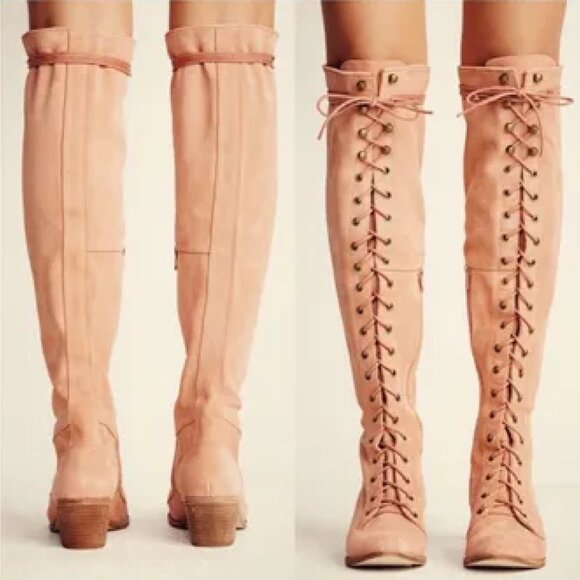 Free People +Jeffrey Campbell Joe Lace-Up Over-the-Knee Boots Light Grey sz 7 - Picture 8 of 16